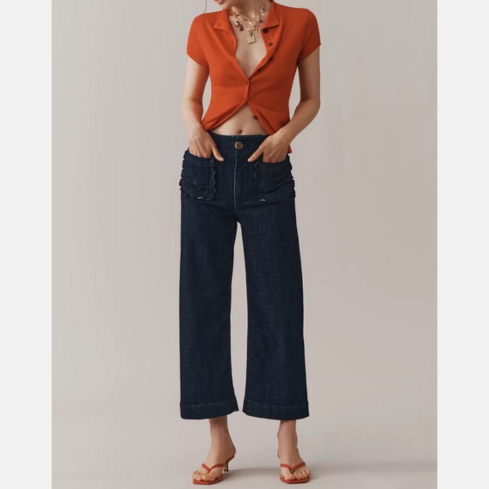 Anthropologie Maeve The Colette Scallop-Pocket Crop Wide-Leg Jeans 25 NWT Rinse